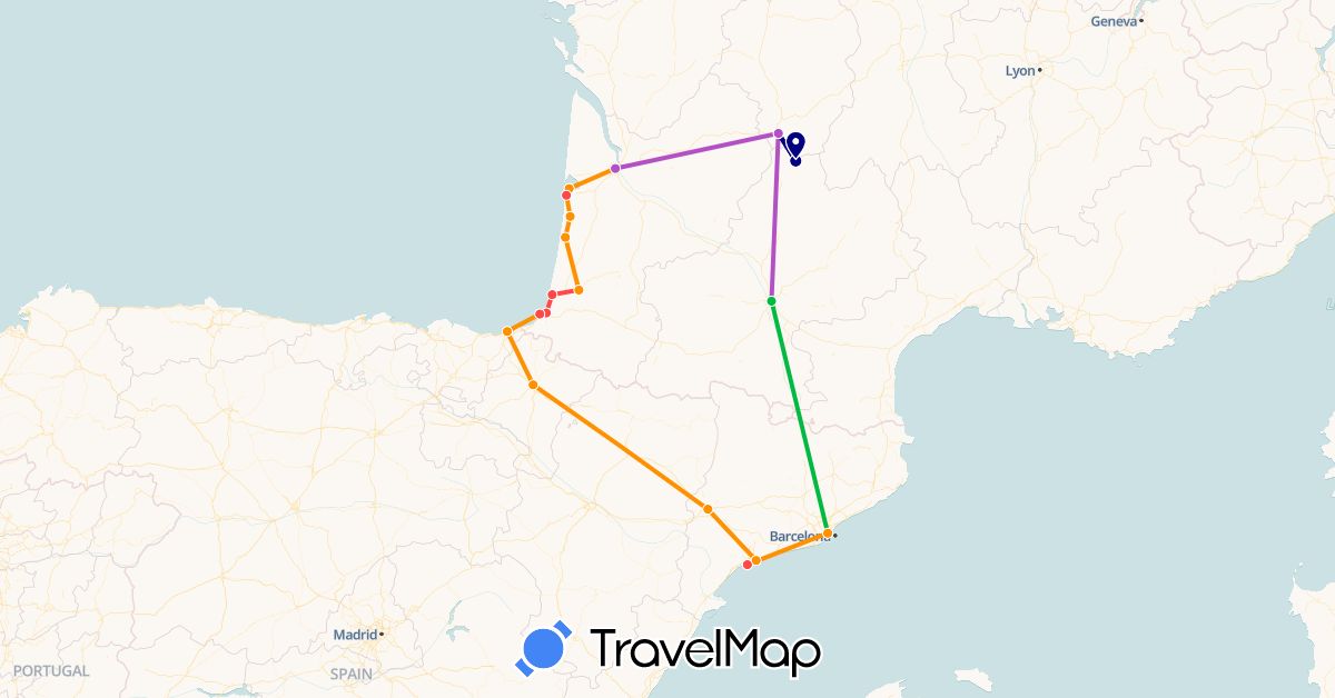 TravelMap itinerary: driving, bus, train, hiking, hitchhiking in Spain, France (Europe)